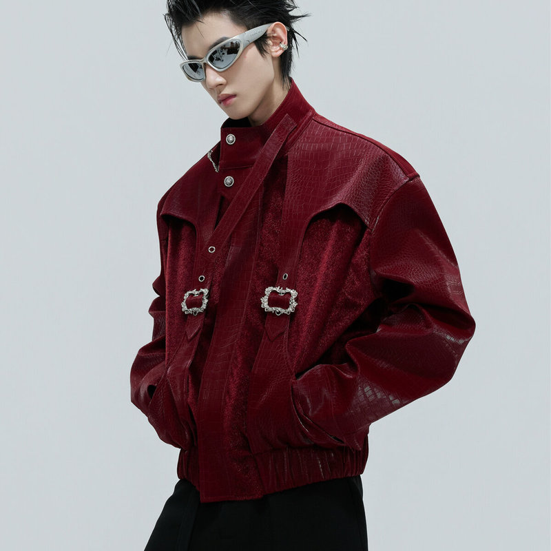 Crocodile Pattern Short Leather Jacket for Men, Deconstructed Stylish Street Biker Jacket, Hip-Hop Stand Collar Baseball Jacket