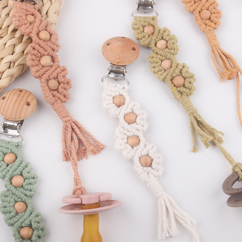 Cadena de pezón de cuentas de haya para bebés, bebé de bricolaje, forma de concha tejida a mano, chupete de cuerda de algodón, cadena anti-caída