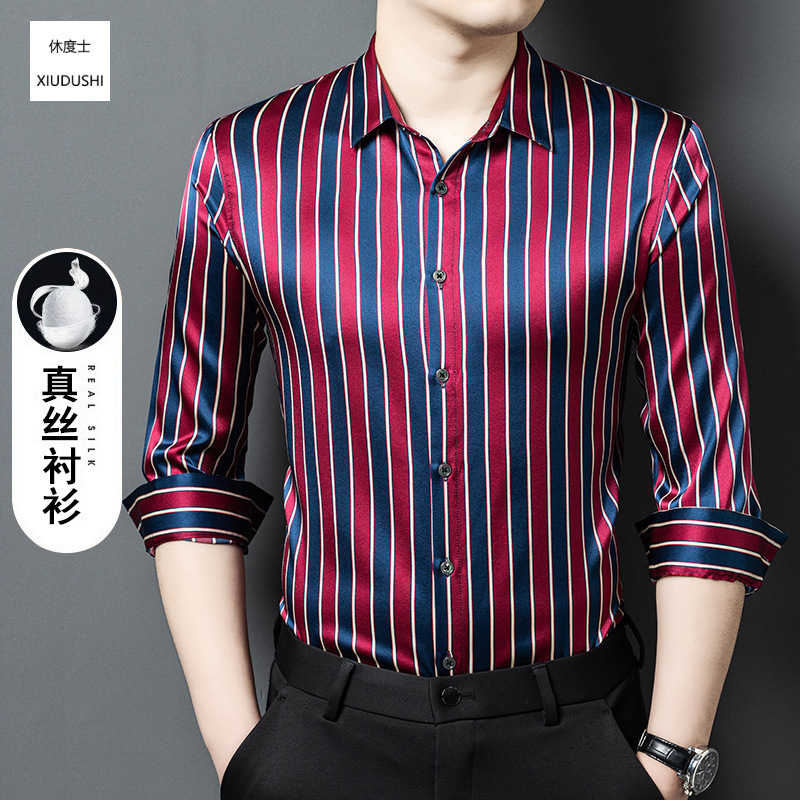 [Silk] 93% Mulberry Silk Long-Sleeved High-End Striped Shirt for Middle-Aged Business Casual Wear, Silk Satin Color-Blocking Shirt