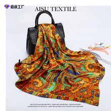 跨境佩斯利腰果印花丝巾女围巾仿丝色丁90cm大方巾欧美头巾批发