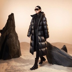 2025高端新款黑金鹅绒八格抗寒高品质超厚羽绒服女情侣同款中长款