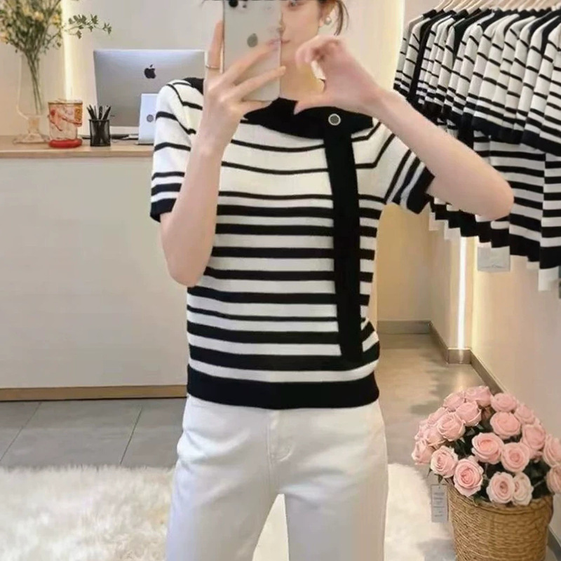 Summer New Style Women's Ice Silk Collared Buttoned Ribbon Short-Sleeved T-Shirt Casual Versatile Fashionable Elegant Top Knitwear