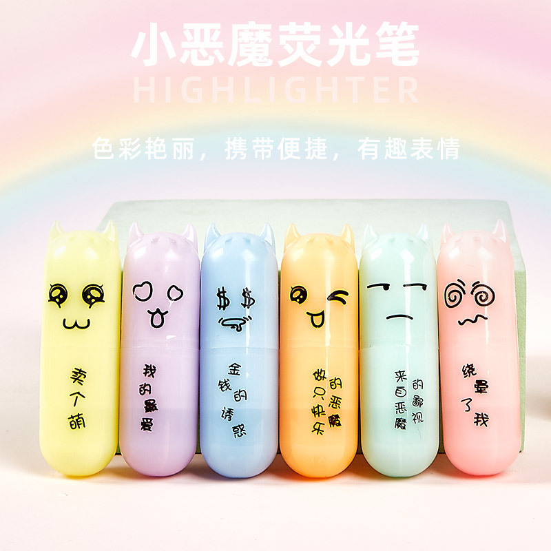 Q1070 niños mini resaltador pequeño diablo resaltador 6 colores 6 marcador de dibujos animados portátil de estudiante de una sola cabeza