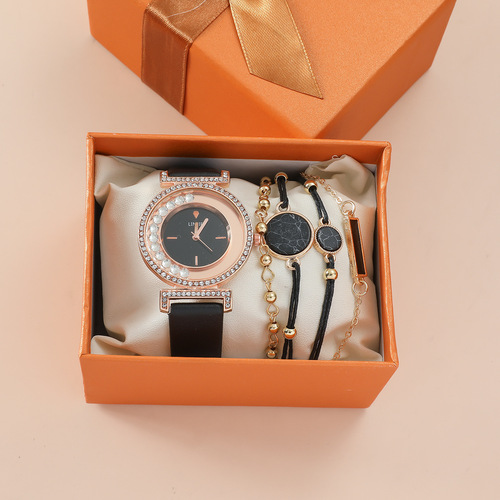 5pcs/set new women's suit Korean style fashionable diamond leather strap watch + fashionable personalized versatile bracelet