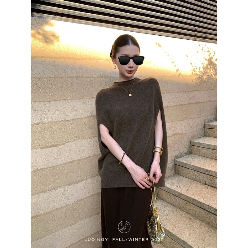 Lu Qingyi Original [Light as a Swallow] Cape Cashmere Sleeveless French Knit Sweater Women's Autumn Half-Turtleneck Wool Top
