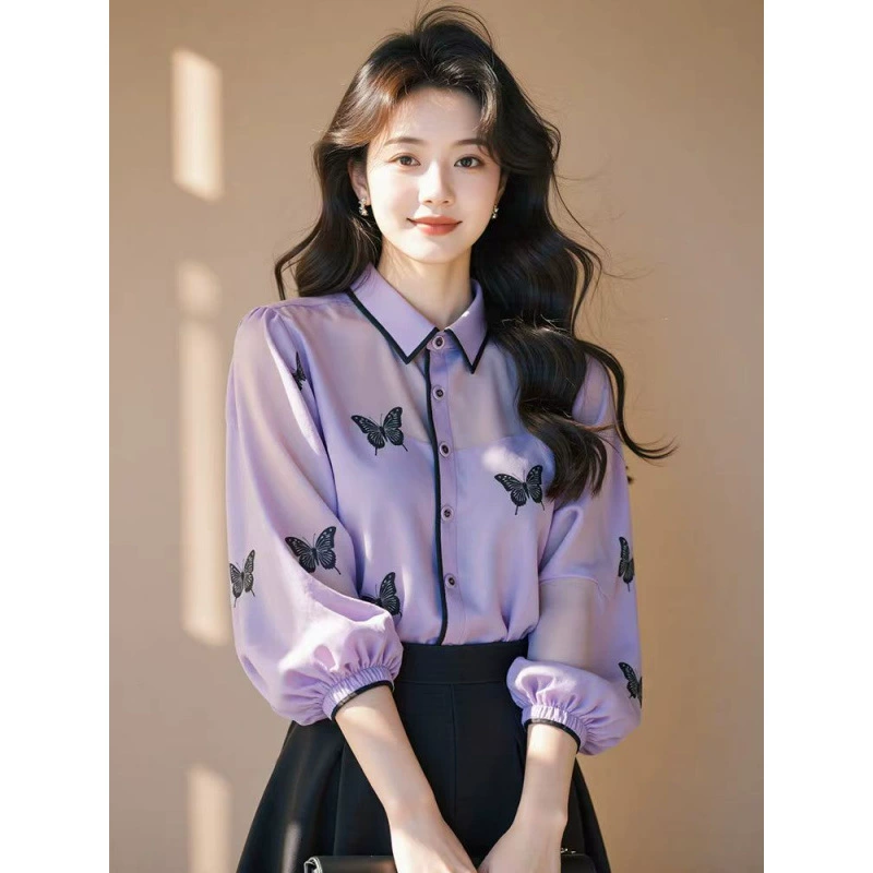 Фиолетовая рубашка с принтом бабочки женская 2025 новая рубашка с отворотом и пузырьками рукава