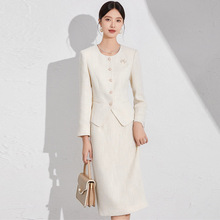 秋冬时尚米色小香风圆领职业套装中长款收腰显瘦减龄气质女套裙OL
