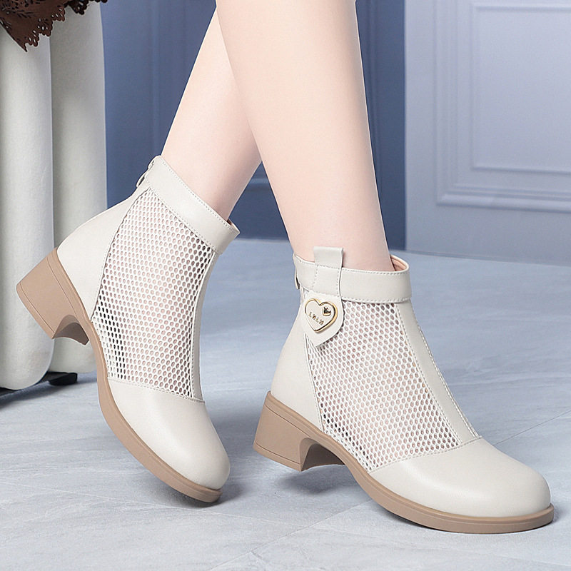 Boot nữ cổ thấp da lưới gót thấp thoáng khí, đế thô chắc chắn — màu đen