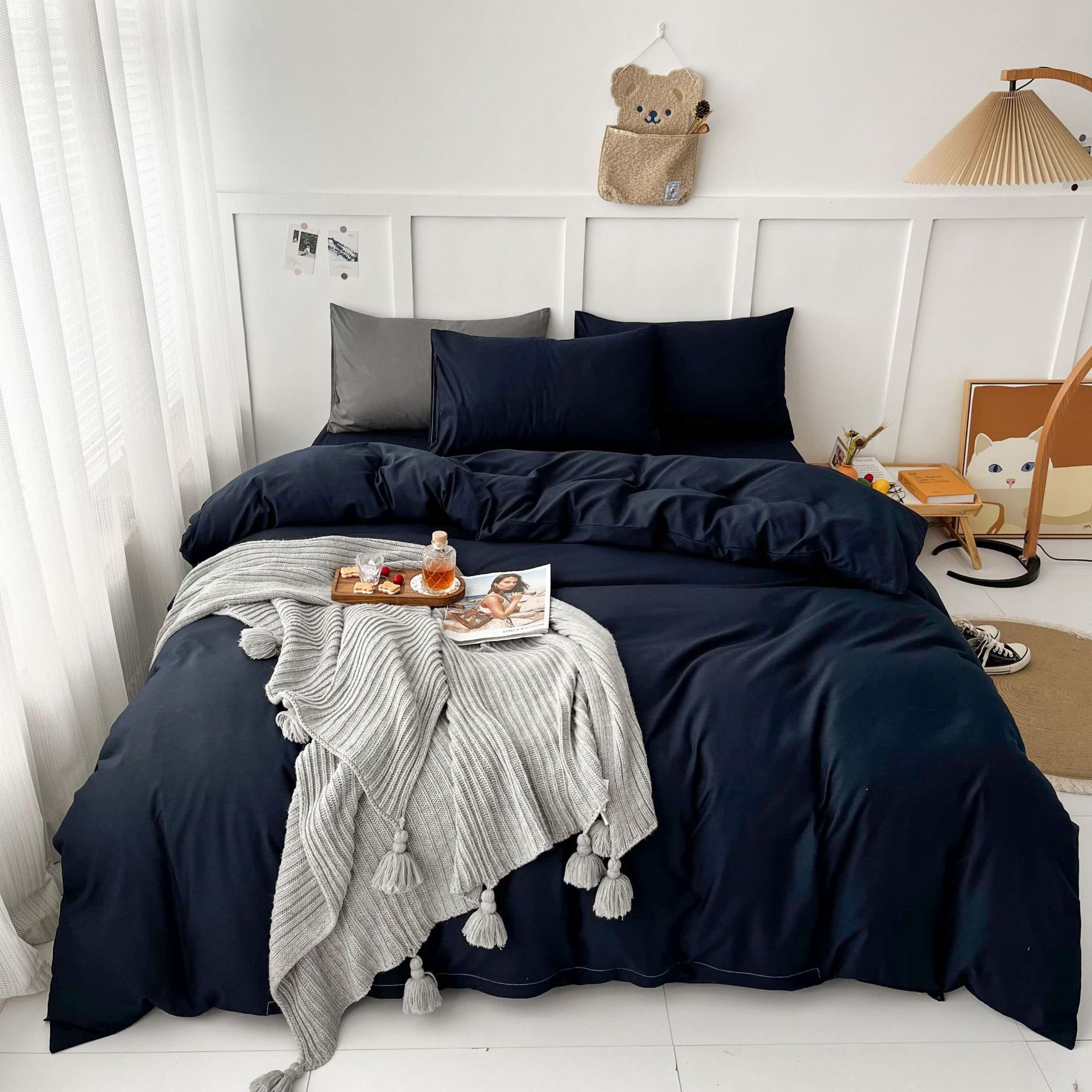 简约北欧四件套纯色水洗棉学生宿舍三件套床单被套床上用品批发