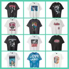 Streetwear SAINT MICHAEL ICON Vintage Washed Distressed Graffiti Letter Print Loose-Fit Unisex Short-Sleeve T-Shirt