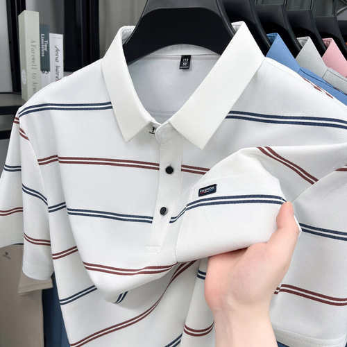 Summer new style lapel ice silk short-sleeve POLO shirt men's stripe true pocket middle-old casual t-shirt shirt top men
