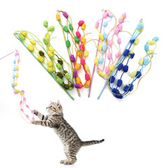 Cat toy, colorful cotton ball yarn fishing rod with bright colors, matched with bells, cotton ball material, pet supplies