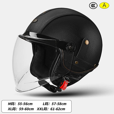 3/4 Leather Helmet for Men and, Motosiklet kaskı (dəbilqə) - leather-black-long-transparent-mirror-m-size-55-56cm
