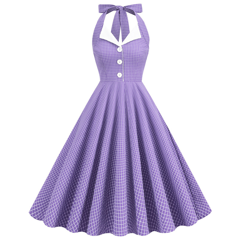 Navy Style European and American Style vintage Plaid Contrasting Lapel Neck Dress Hepburn Style Bridesmaid Dress