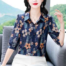 翻领碎花雪纺衬衫女七分袖夏季妈妈遮肚子真丝桑蚕丝上衣气质小衫