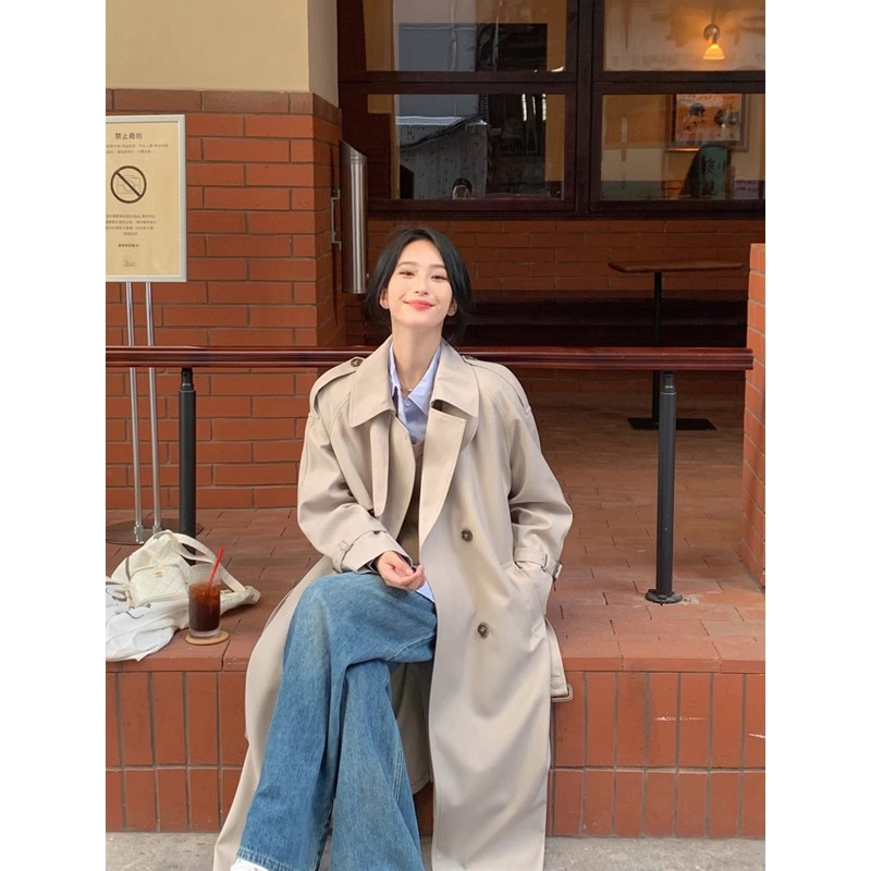 High-End British-Style Women's Mid-Length Trench Coat, New Korean Version for Spring and Autumn, Fashionable Retro Long Over-The-Knee Coat