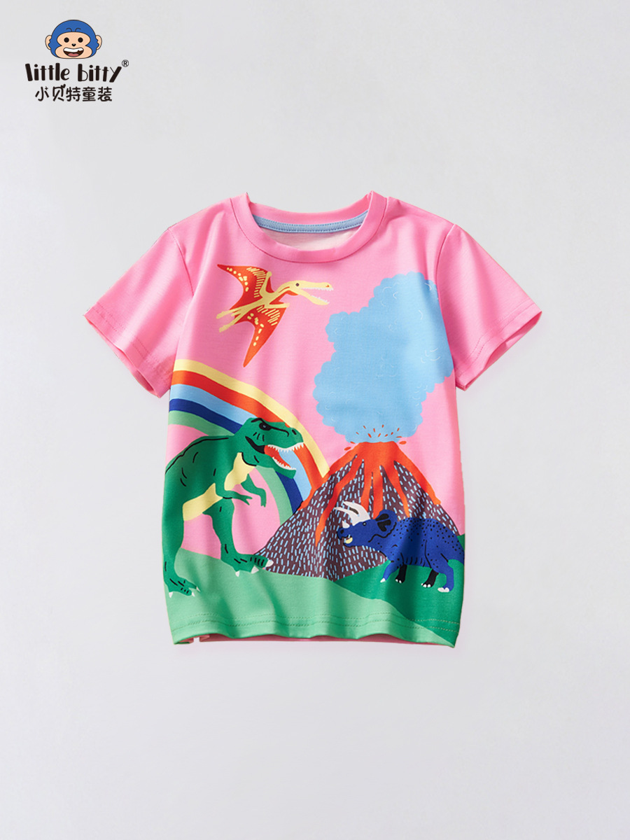 Children's Half-Sleeved European and American Girls' Short-Sleeved 25 Summer New Forest Girl Pink T-Shirt Top Cartoon Pattern