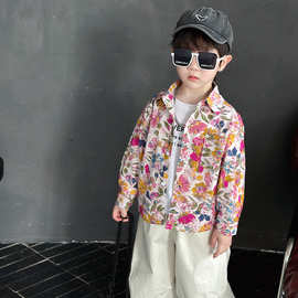 男童纯棉时髦长袖衬衫女童洋气碎花翻领衬衣春秋新款复古港风上衣