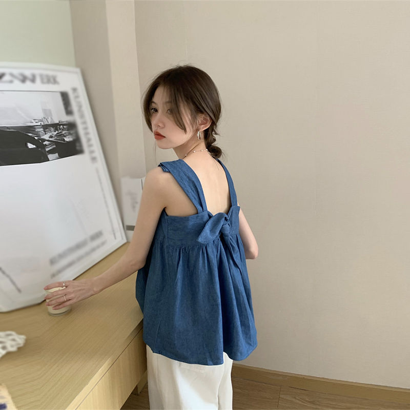 Denim Blue Design Camisole Women's Summer Niche Sleeveless Shirt Loose Back Bow Lace-Up Top Denim Blue Design Camisole Women's Summer Niche Sleeveless Shirt Loose Back Bow Lace-Up Top