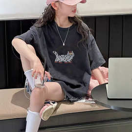 女童做旧短袖t恤夏季韩版女孩夏装纯棉半袖儿童洋气宽松卡通上衣