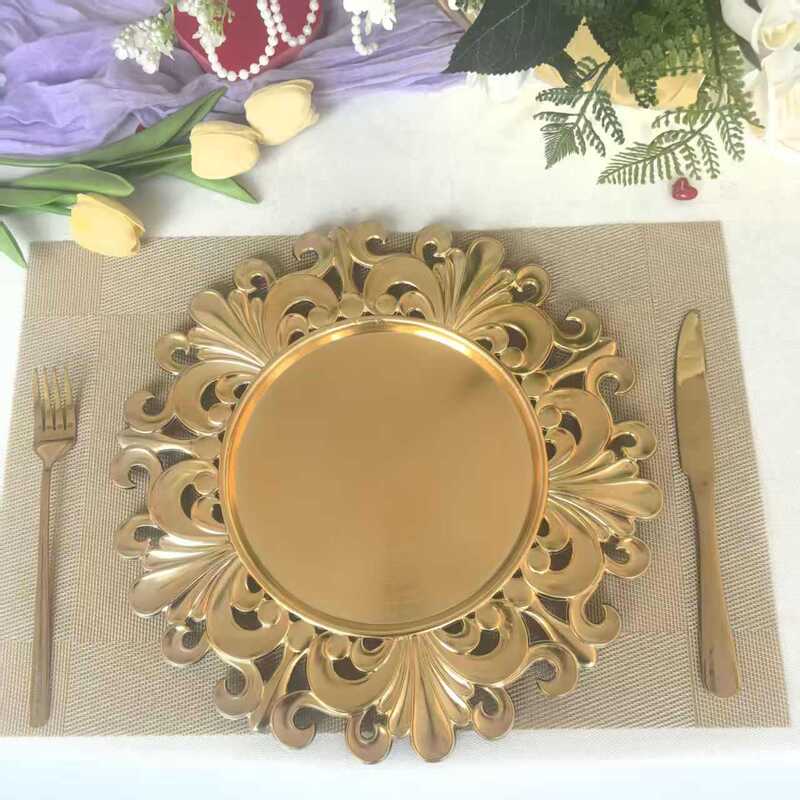Foreign Trade Charger Plates, High-End Elegant Gold Flower-Decorated Plates for Hotel Weddings and Parties Foreign Trade Charger Plates, High-End Elegant Gold Flower-Decorated Plates for Hotel Weddings and Parties