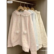 加绒2024日系软妹宅系二次元秋冬蕾丝宽松百搭连帽外套亚文化上衣