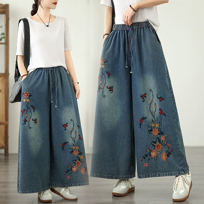 Реальный снимок в наличии тонких мягких джинсовых брюк в стиле ретро с тяжелой вышивкой в ​​этническом стиле с эластичной резинкой на талии, универсальных повседневных широких брюк больших размеров