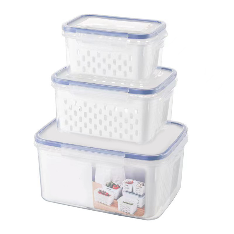 二層排水3点セット 鮮度保持ボックス 冷蔵庫 密閉保存箱 フルーツプラスチックボックス 冷蔵庫 蓋付き保存箱|undefined
