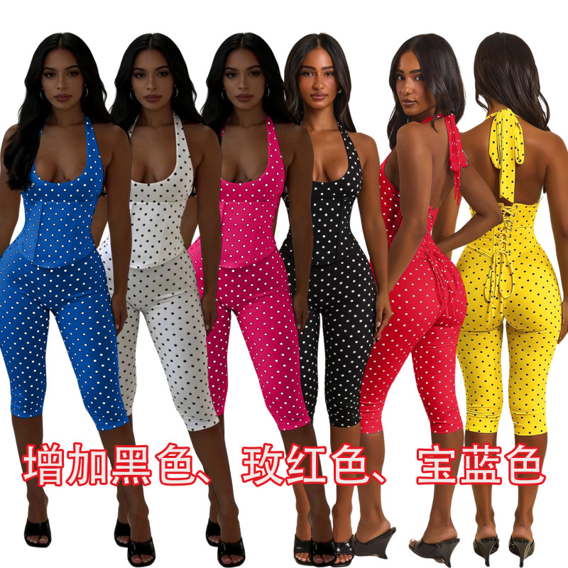 Tk6350 European and American Fashion Women's Halter Neck Polka Dot Fishbone Zipper Waist-Cinching Cropped Jumpsuit (Fake Two-Piece Set)