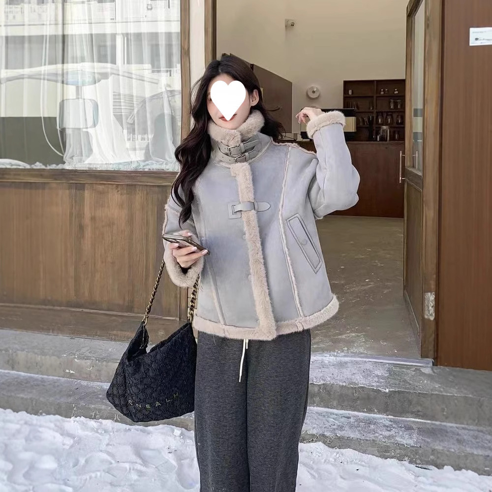 헤이즈 블루 람스울 코트 여성의 가을과 겨울 잘 보이는 인기있는 모피 스웨이드 코튼 패딩 코트