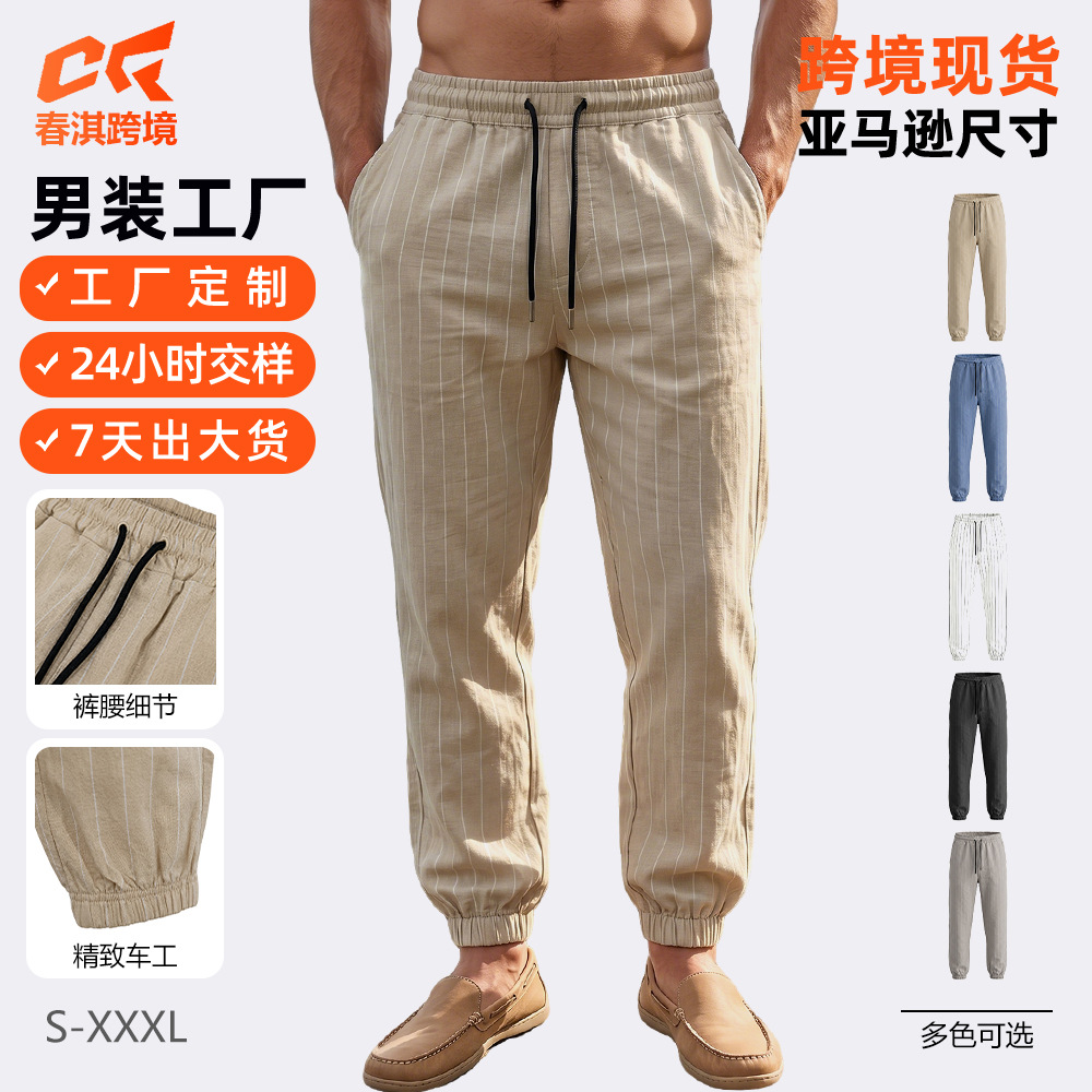 Europa y Estados Unidos comercio exterior transfronterizo primavera y verano relajado hombre ocio simple lino rayas camisetas deportivas pie pantalones rectos americanos