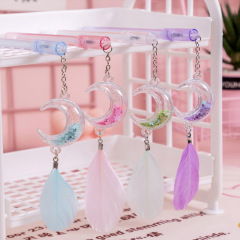 ins少女心亮片月亮羽毛吊鏈中性筆 卡通吊墜筆中小學生學霸簽字筆