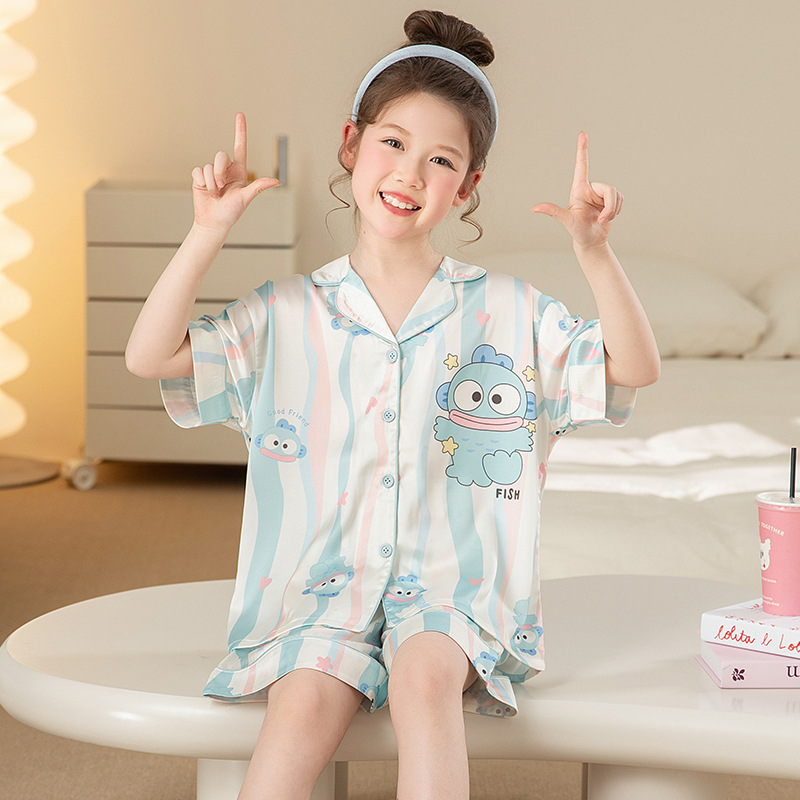 Children's Pajamas Summer Ice Silk Girls Thin Short-Sleeved Summer Style Girls Fashionable Middle-Aged and Older Baby Home Clothes Set