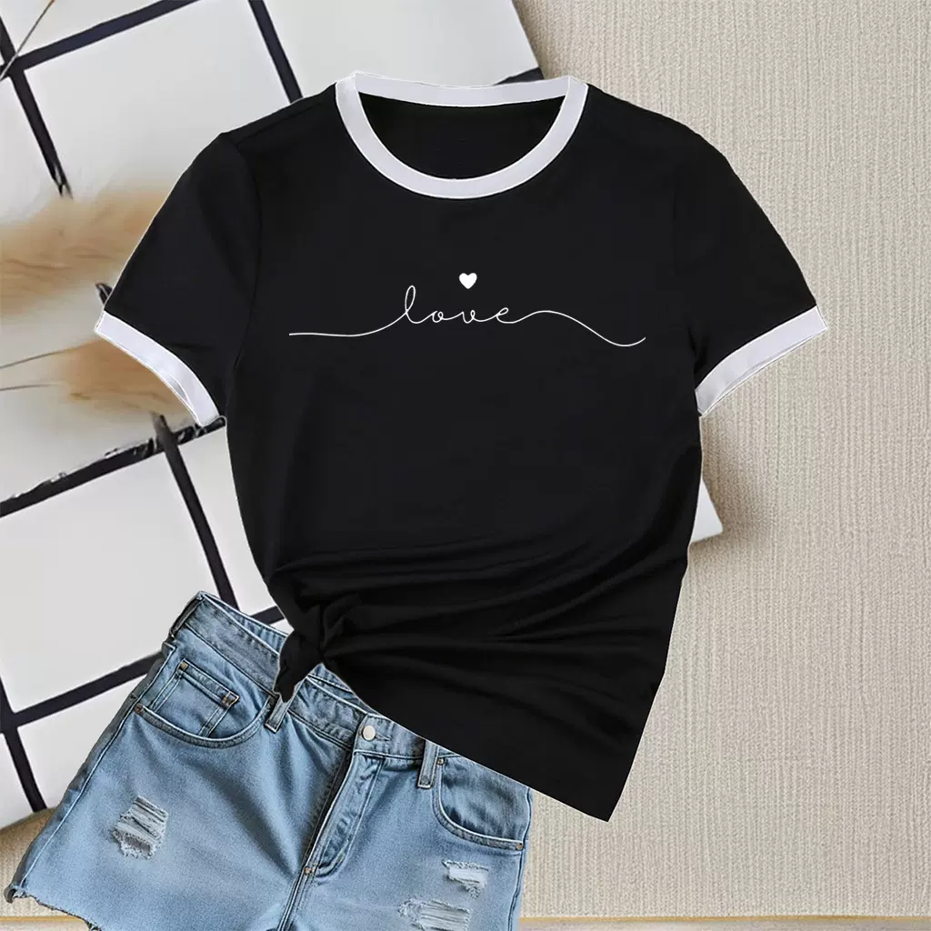 跨境2025欧美新款夏季圆领撞色拼色短袖休闲修身女士t恤百搭上衣