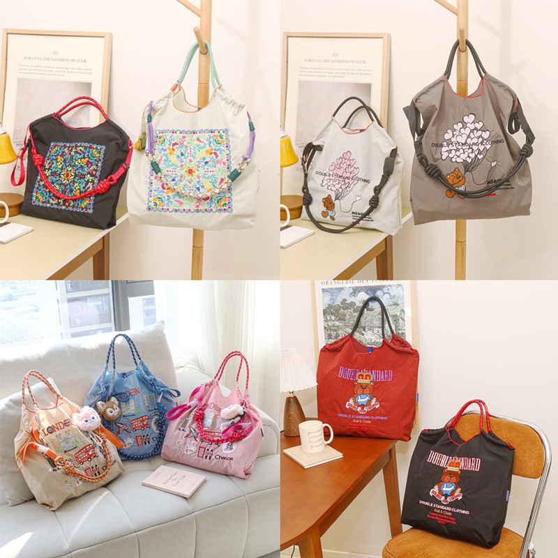 2026 Summer New Japanese-Style Nylon Embroidered Bag, Fashionable Versatile Niche Large-Capacity Shoulder Shopping Bag for Women