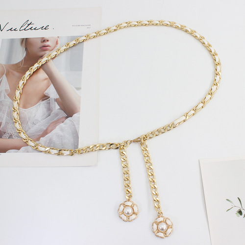 Summer metal waist chain for women with dress and shirt decoration, versatile waist-cinching flower pearl pendant chain