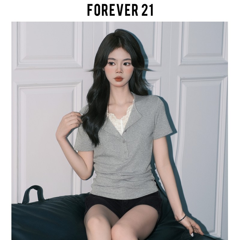 Forever21气质灰色蕾丝假两件V领针织小衫女纯欲修身长袖打底上衣|undefined