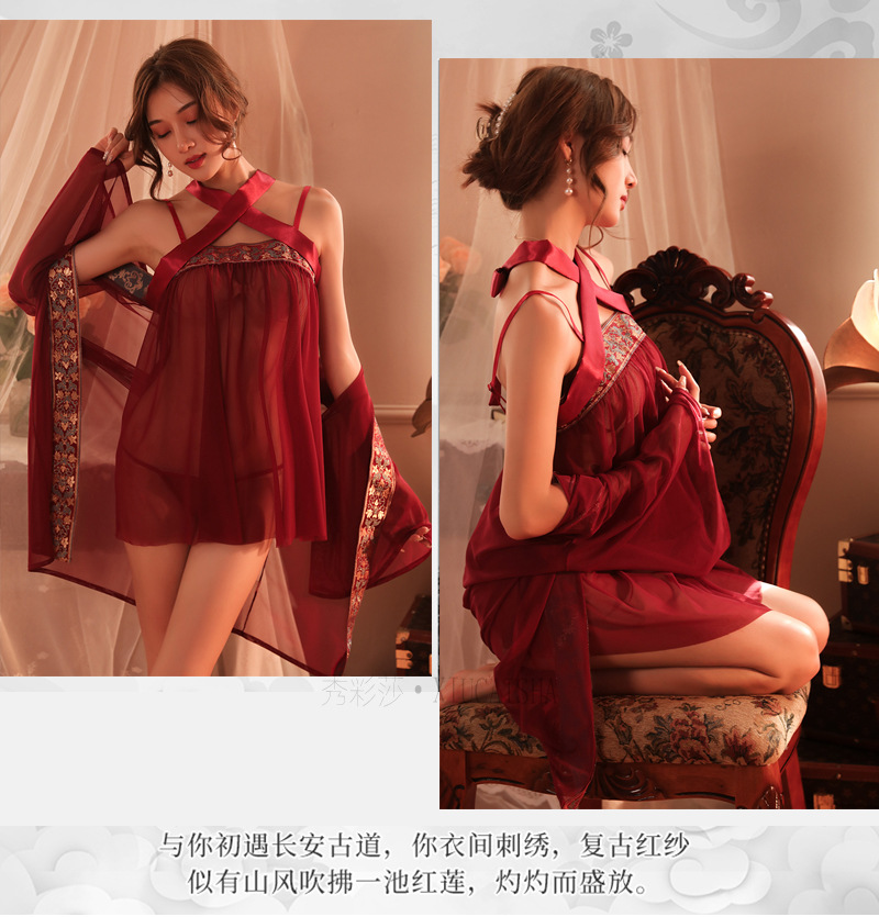 Retro Hanfu-Style Bellyband Lingerie Set with Mesh Jacket, Skirt and Thong — detail image 19