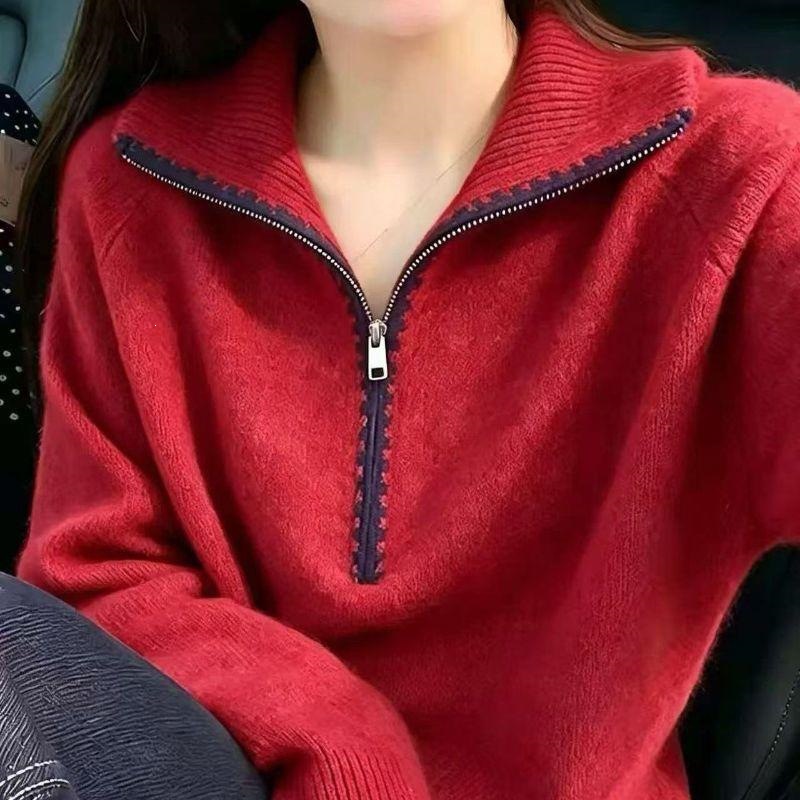 Korean-style retro half-zip, high-neck, pullover sweater for women, featuring a loose, relaxed fit, a sophisticated look, and a thick knit for warmth in autumn and winter