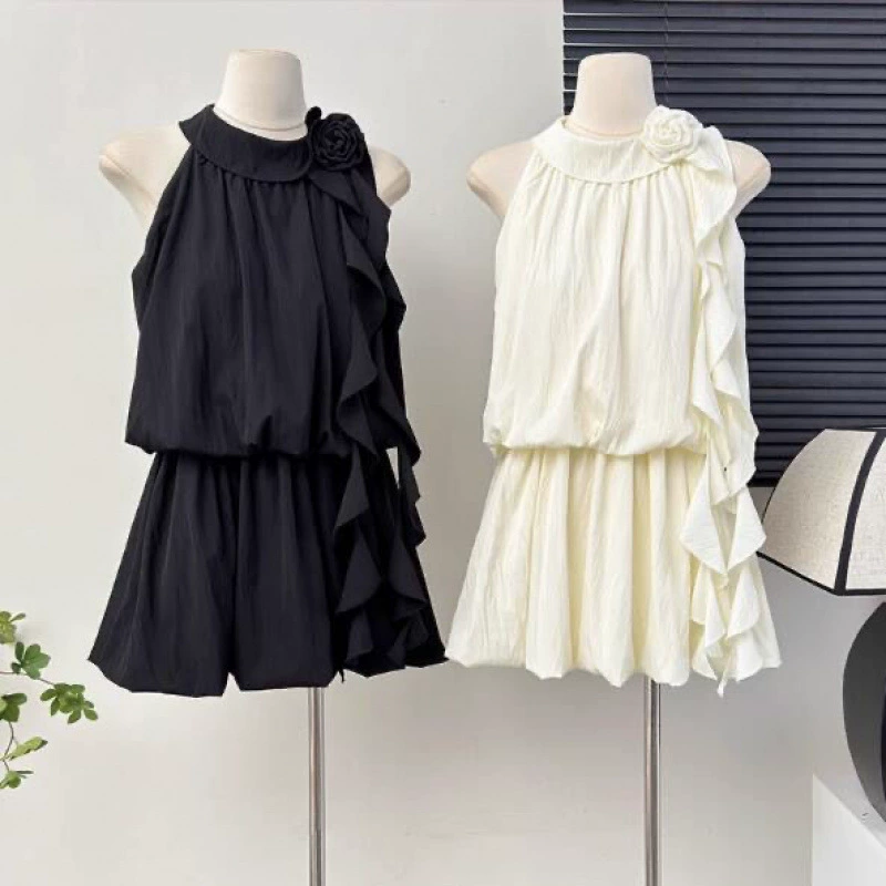 Женское летнее платье с открытыми плечами в стиле знаменитостей, состоящее из двух частей, с открытыми плечами, объемная юбка с завязками на талии и цветком