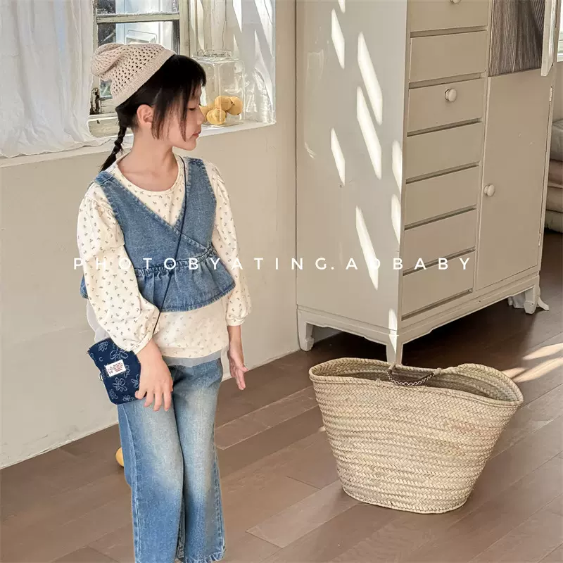 2025童装秋款儿童韩版套装女童牛仔马甲+喇叭牛仔裤两件套 6039