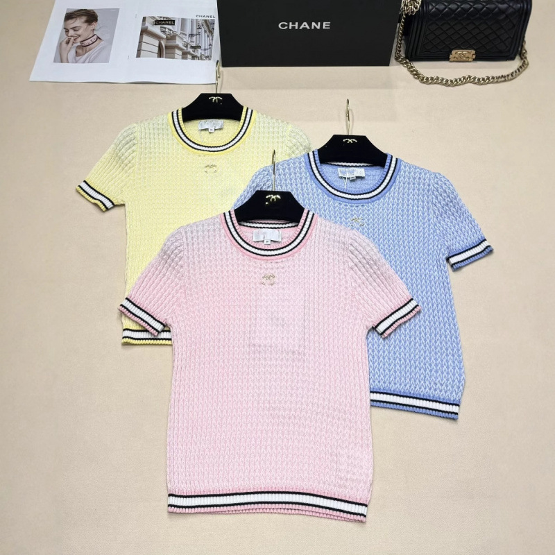 High Version Ch Home 25 Summer New Knitted Round Neck Short-Sleeved Knitted Craft Classic Double C Logo Low-Key Women