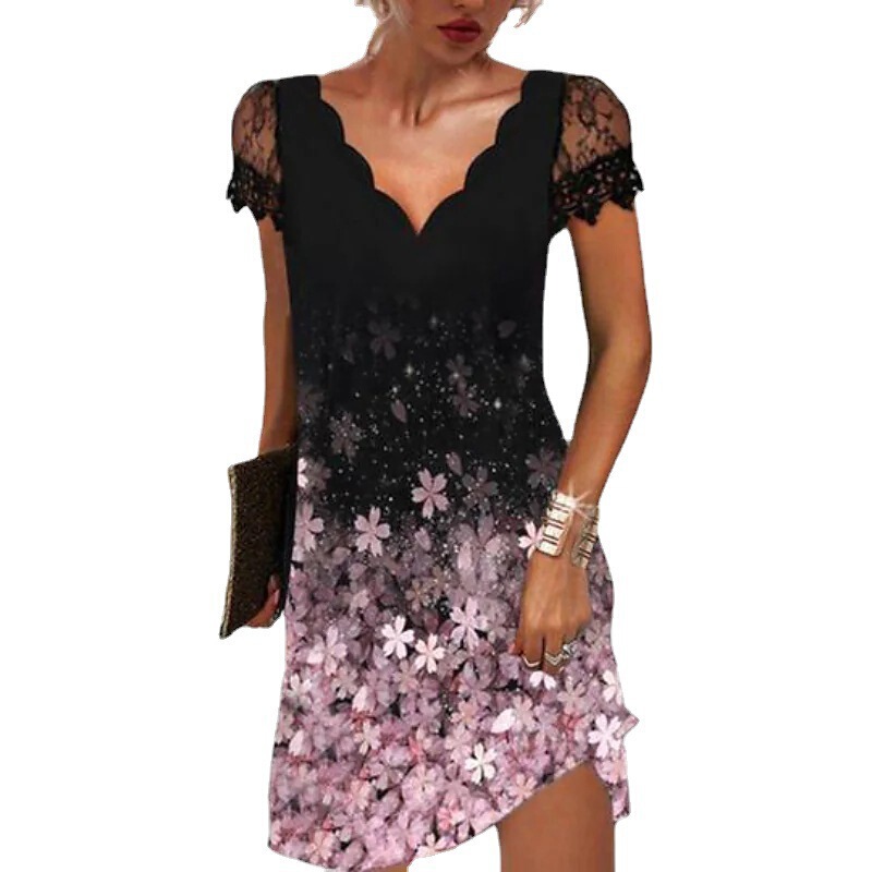 Cross-Border New 2022 Summer Women's Ebay Independent Station Casual Positioning Printed Lace V Neck Short-Sleeved Dress