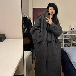 赫本风牛角扣毛呢外套女秋冬季2025新款高级感加厚呢子大衣小个子