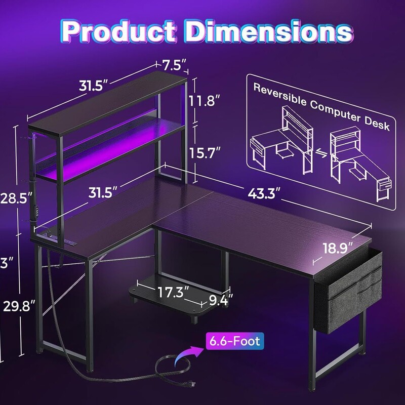L Shape Office Desk Gaming Desk with Led Light Power Outlet Computer Desk with Shelf Corner Desk with Storage Bag