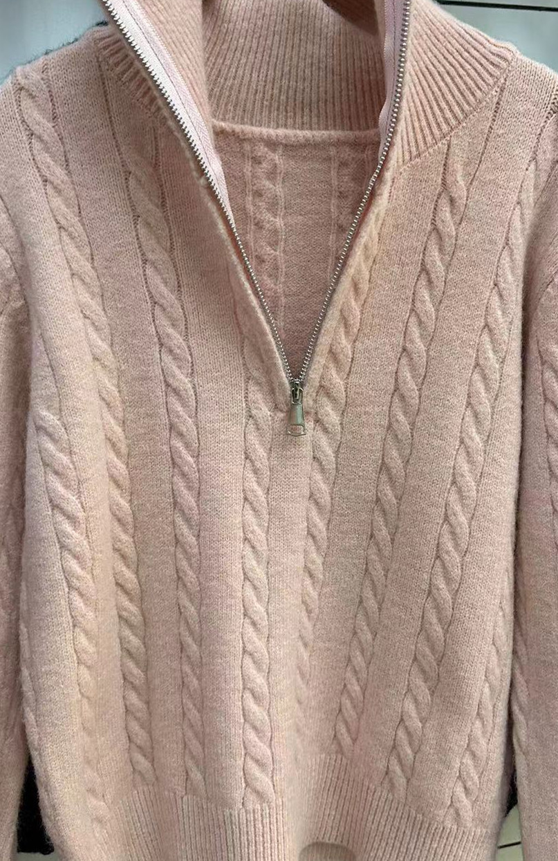 Damen-Zopfmusterpullover mit Reißverschlussdetail | Grobstrickpullover im Retro-Stil für Herbst und Winter | Locker sitzendes, hochgeschlossenes Langarmoberteil_voghion.com