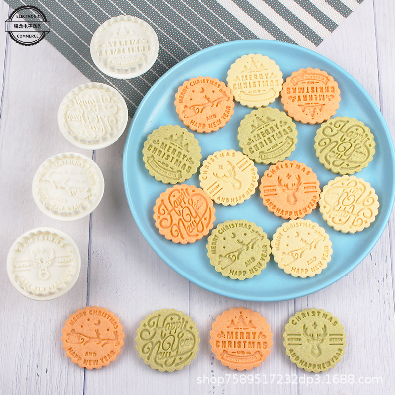 日式圆形圣诞节饼干模具弹簧按压式家用夹心3D立体曲奇印章切模