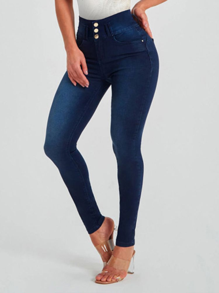 Jeans Ajustados de Cintura Alta para Mujer de Mezclilla de Algodón con Alta Elasticidad