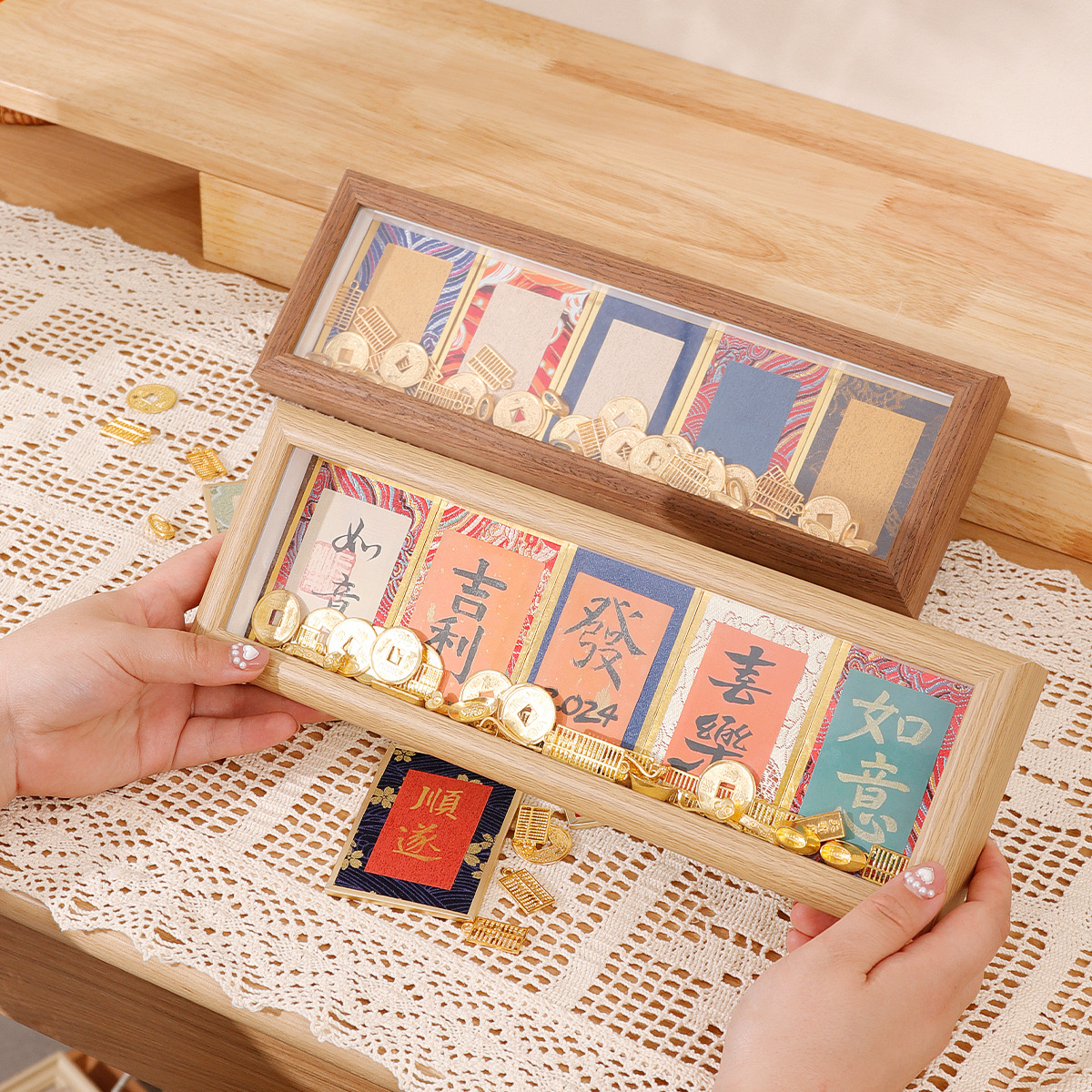 迷你宋錦硬卡紙空白手寫書法相框小擺台宣紙文創禮品金邊裝裱畫框