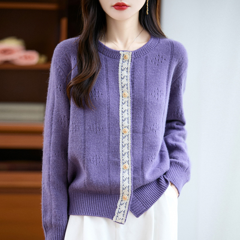 25 Autumn and Winter New Suede Women's Cardigan Thickeneded Woolen Knitwear Long-Sleeved Top Knitwear Jacket Lace Splicing